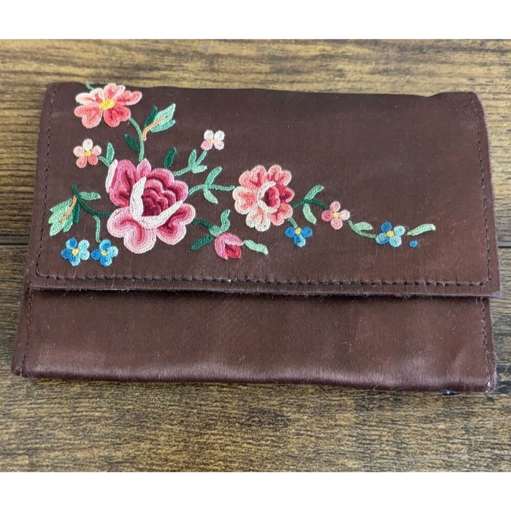 Vintage BERGDORF GOODMAN Embroidered Brown Satin Card Holder/Coin Purse France